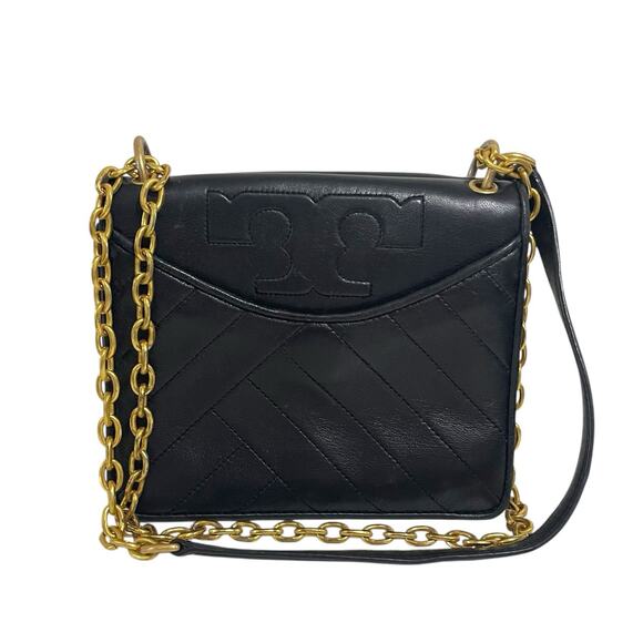 Tory Burch Alexa Convertible Shoulder Bag Black Soft Lambskin Leather Gold Chain - Picture 1 of 16